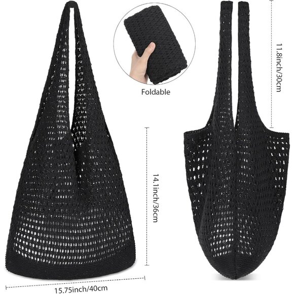 Women's Dark Black Shoulder Shopping Handbag Casual Travel Totes Fold Able Bags - Picture 2 of 7